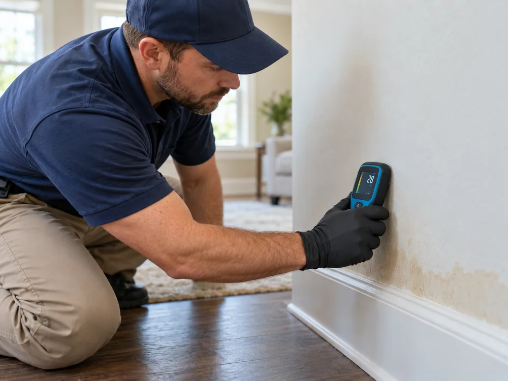 Technician checking a wall for hidden moisture