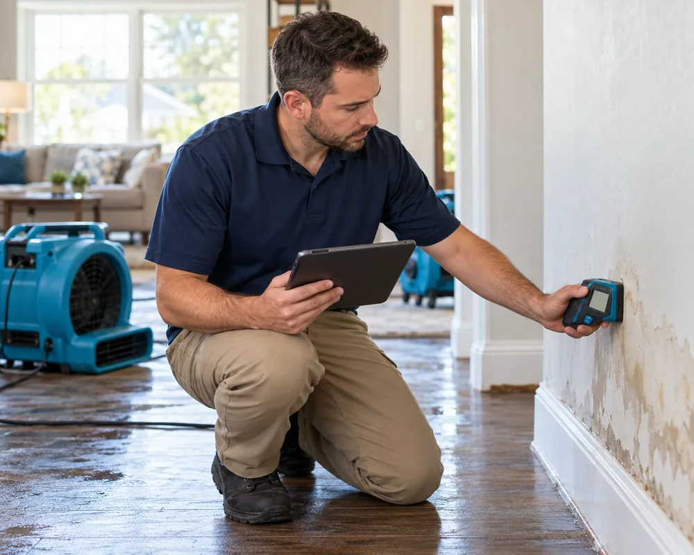 Technician documenting moisture readings during an inspection