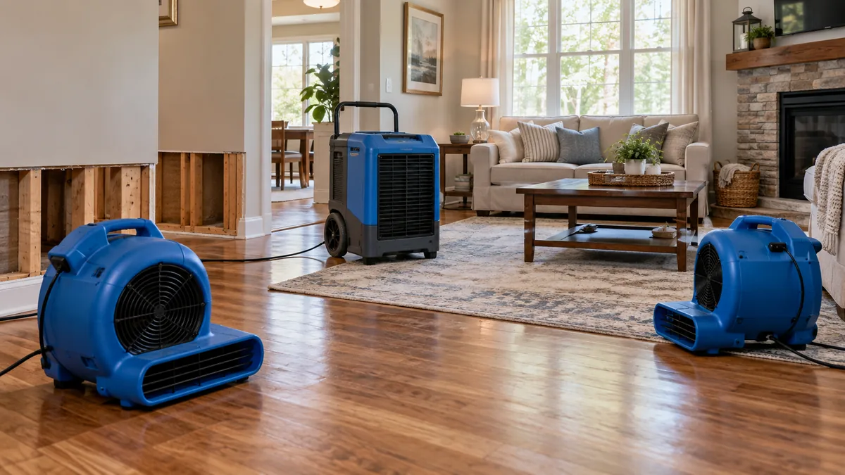 Drying equipment inside a water-damaged home