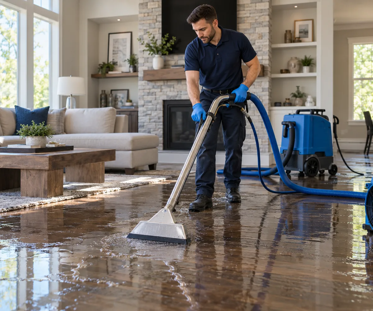 Water damage restoration technician extracting water from a flooded residential property